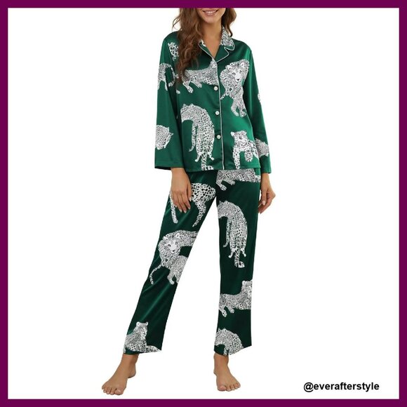 Silk Satin Pajama Set Elegant Lace Pattern V-Neck Button Up Loungewear